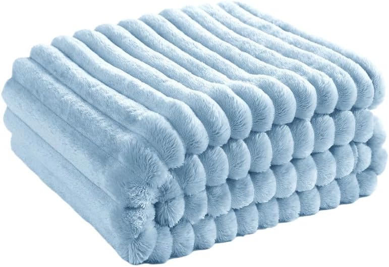 Blue Ribbed Soft Plush All Season Throw Blanket