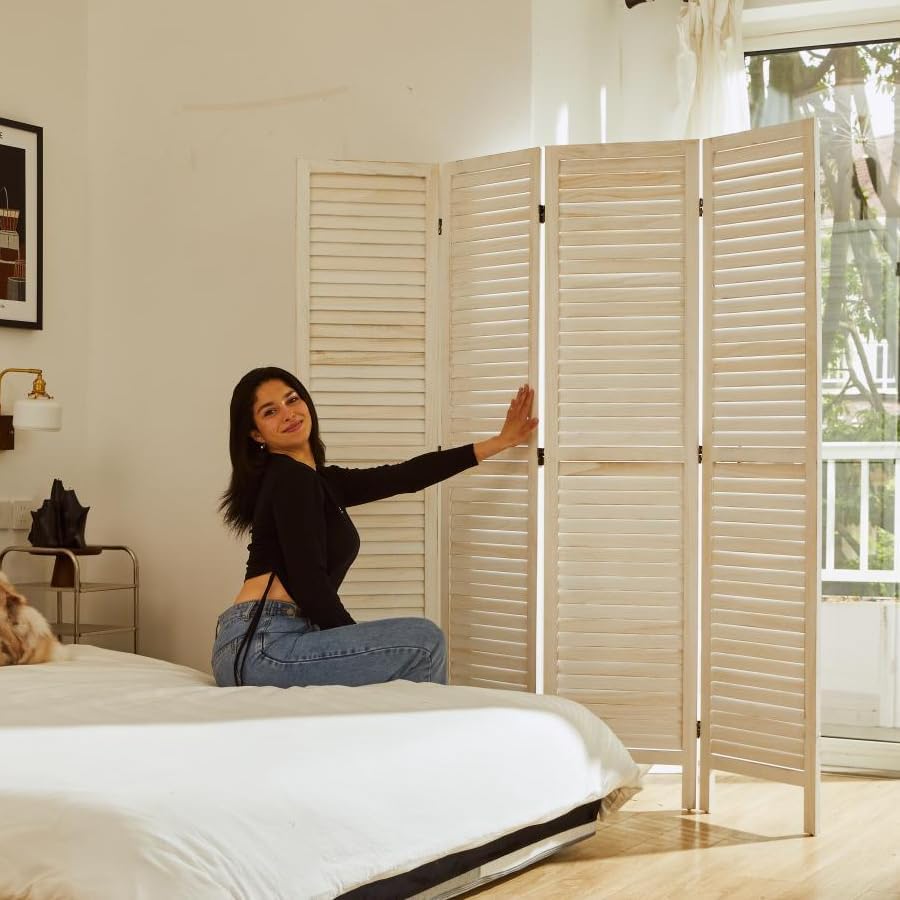 Whitewashed 4 Panel Wood Louvered Room Divider