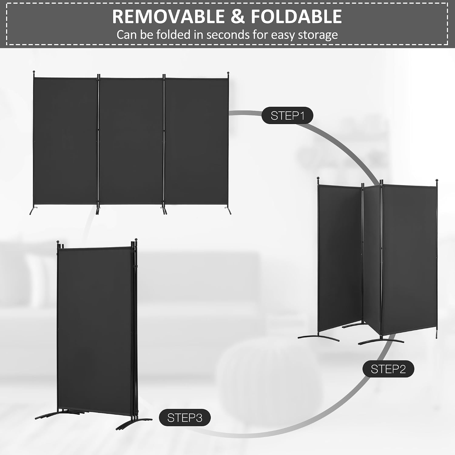 Black 3 Panel Fabric Folding Privacy Room Divider