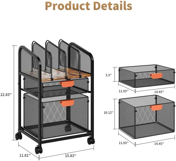 Dark Brown Lockable File Cart Adjustable Storage Organizer