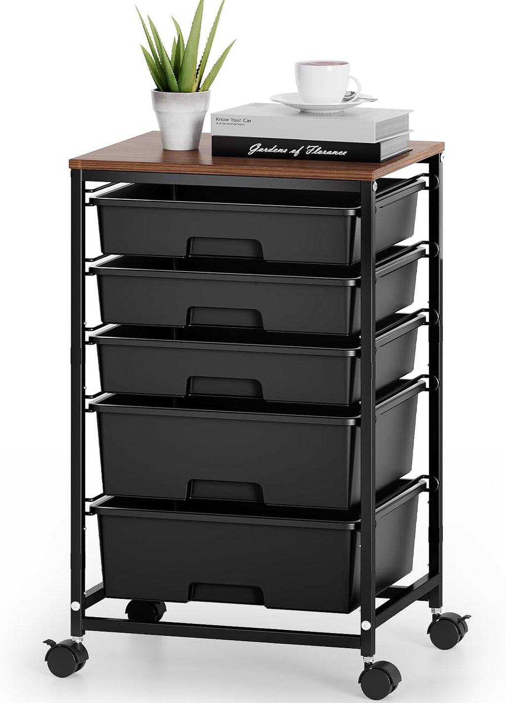 Black Rolling Craft Cart Wooden Top Drawer Storage