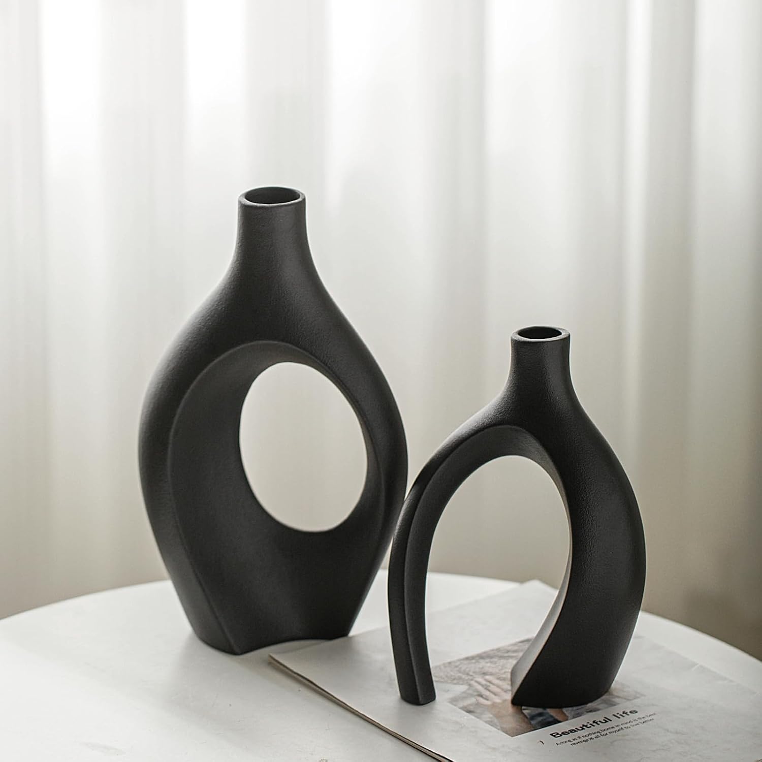 Matte Black Hollow Nordic Ceramic Vase Set Two