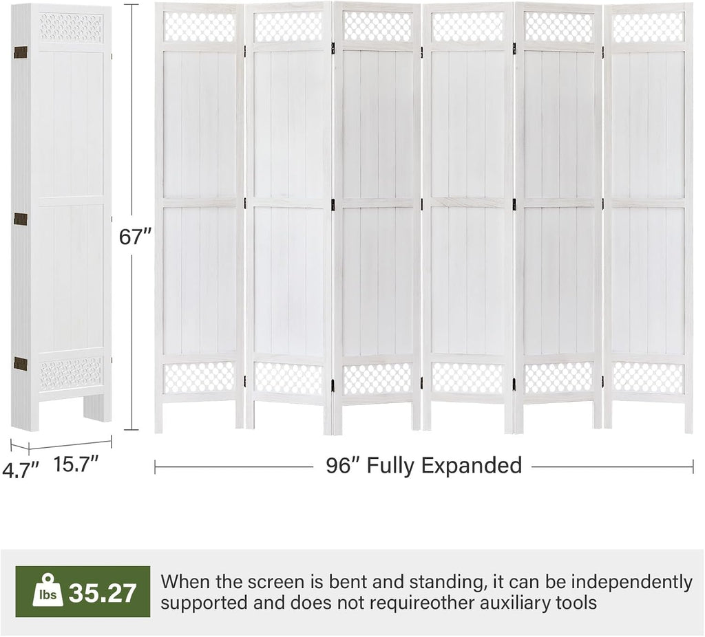 White 6 Panel Wood Folding Privacy Room Divider