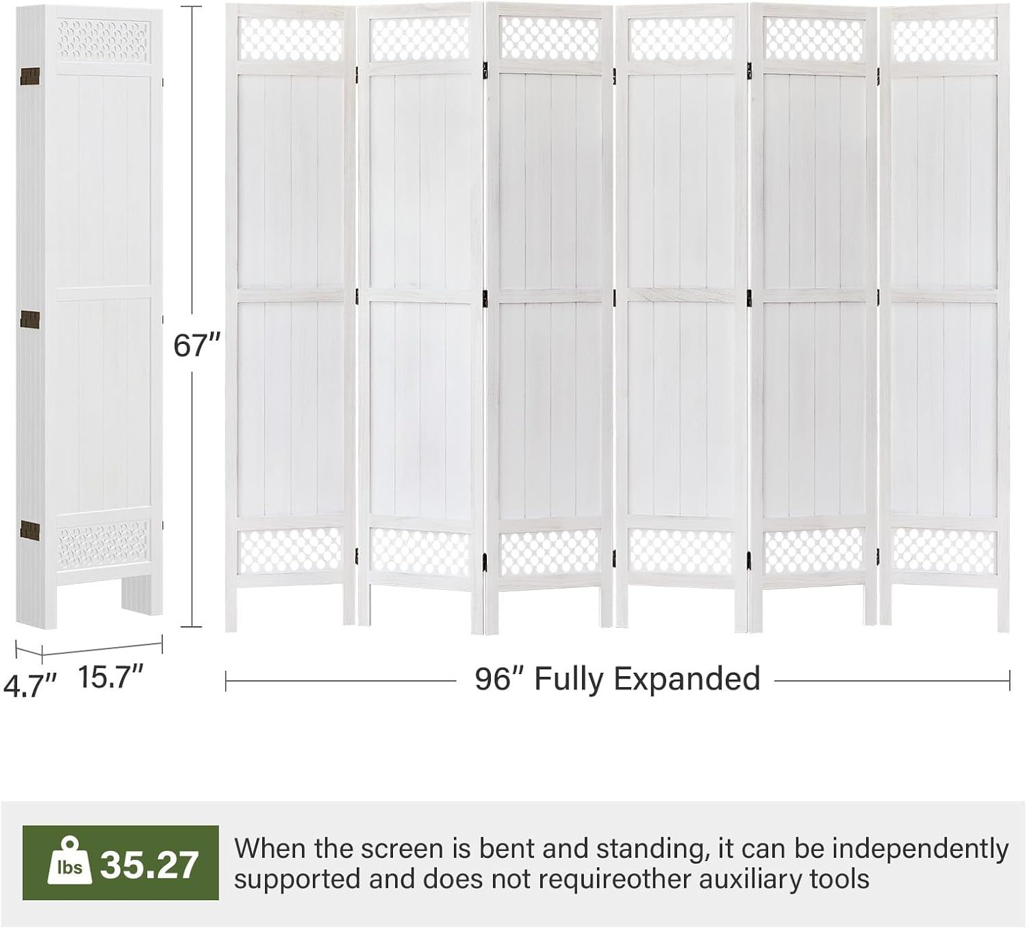 White 6 Panel Wood Folding Privacy Room Divider