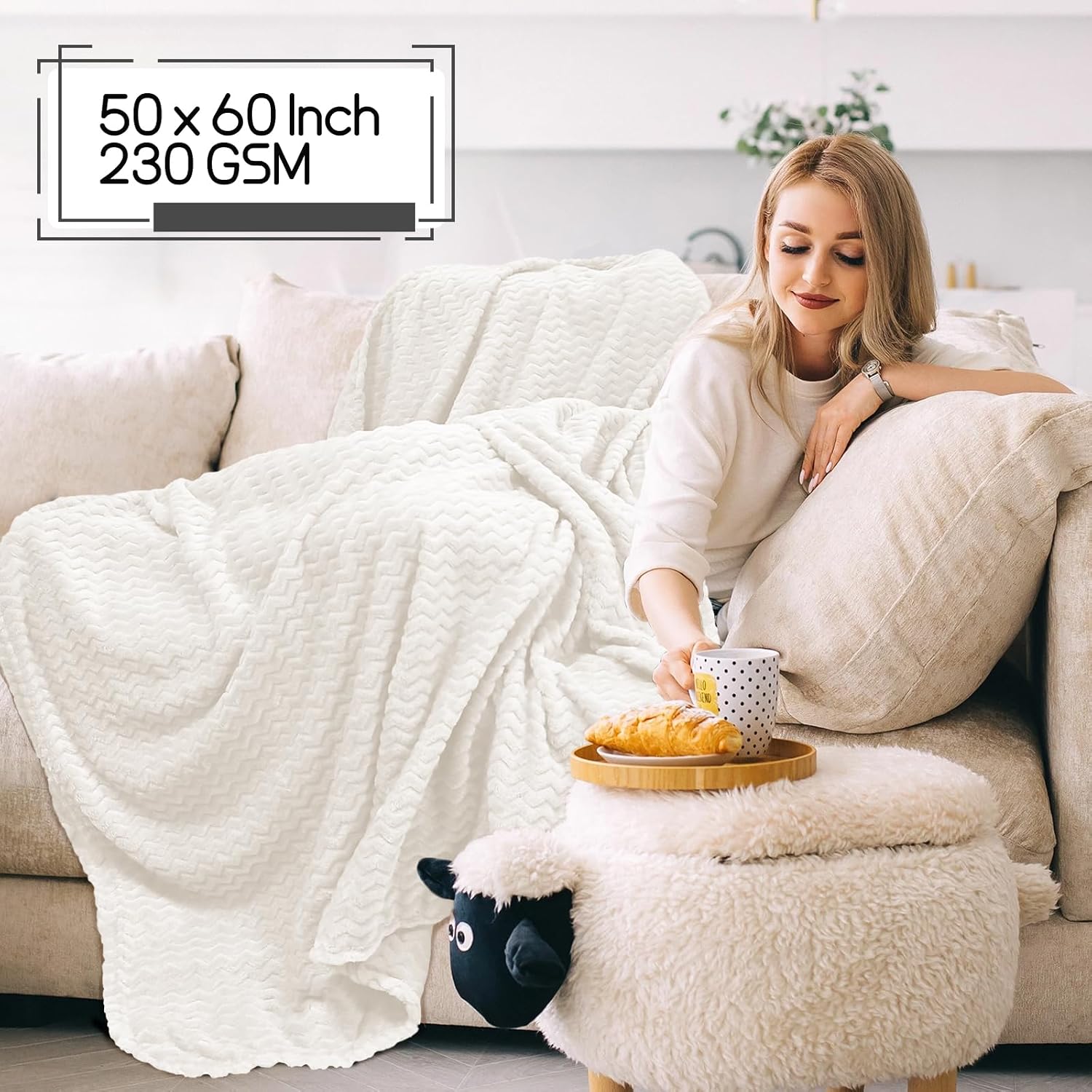 White Ribbed Fleece Throw Blanket 6 Pack Soft Gift
