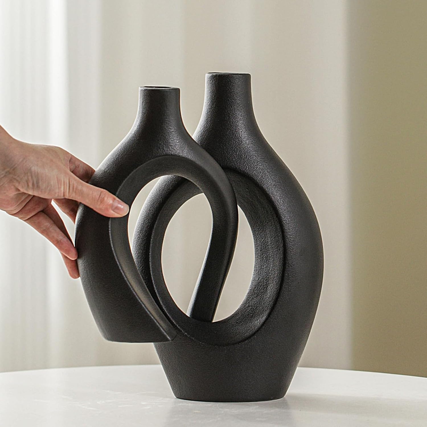 Matte Black Hollow Nordic Ceramic Vase Set Two