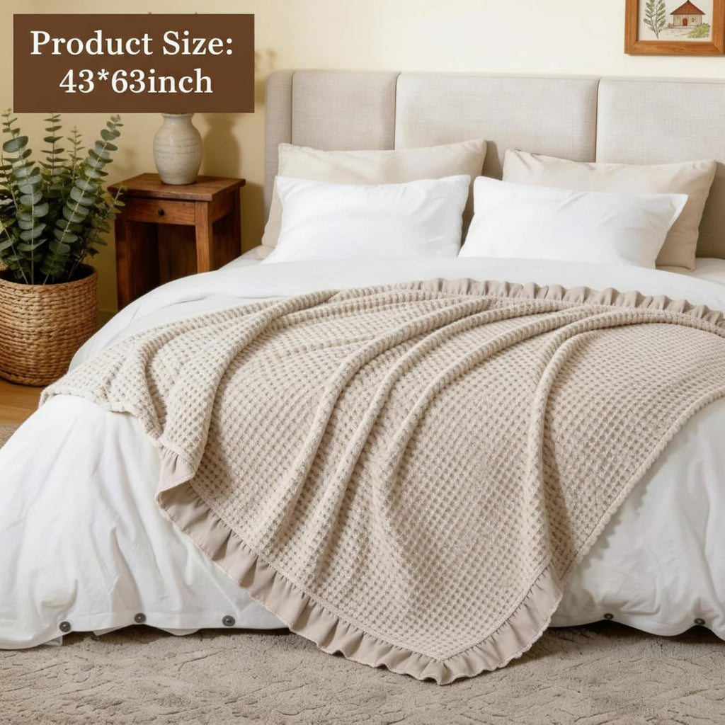 Beige Waffle Cotton Ruffled Farmhouse Throw Blanket