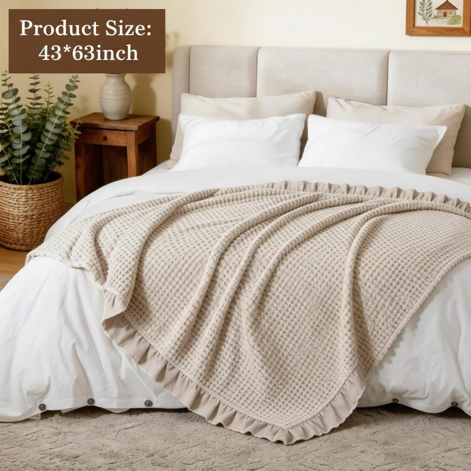 Beige Waffle Cotton Ruffled Farmhouse Throw Blanket