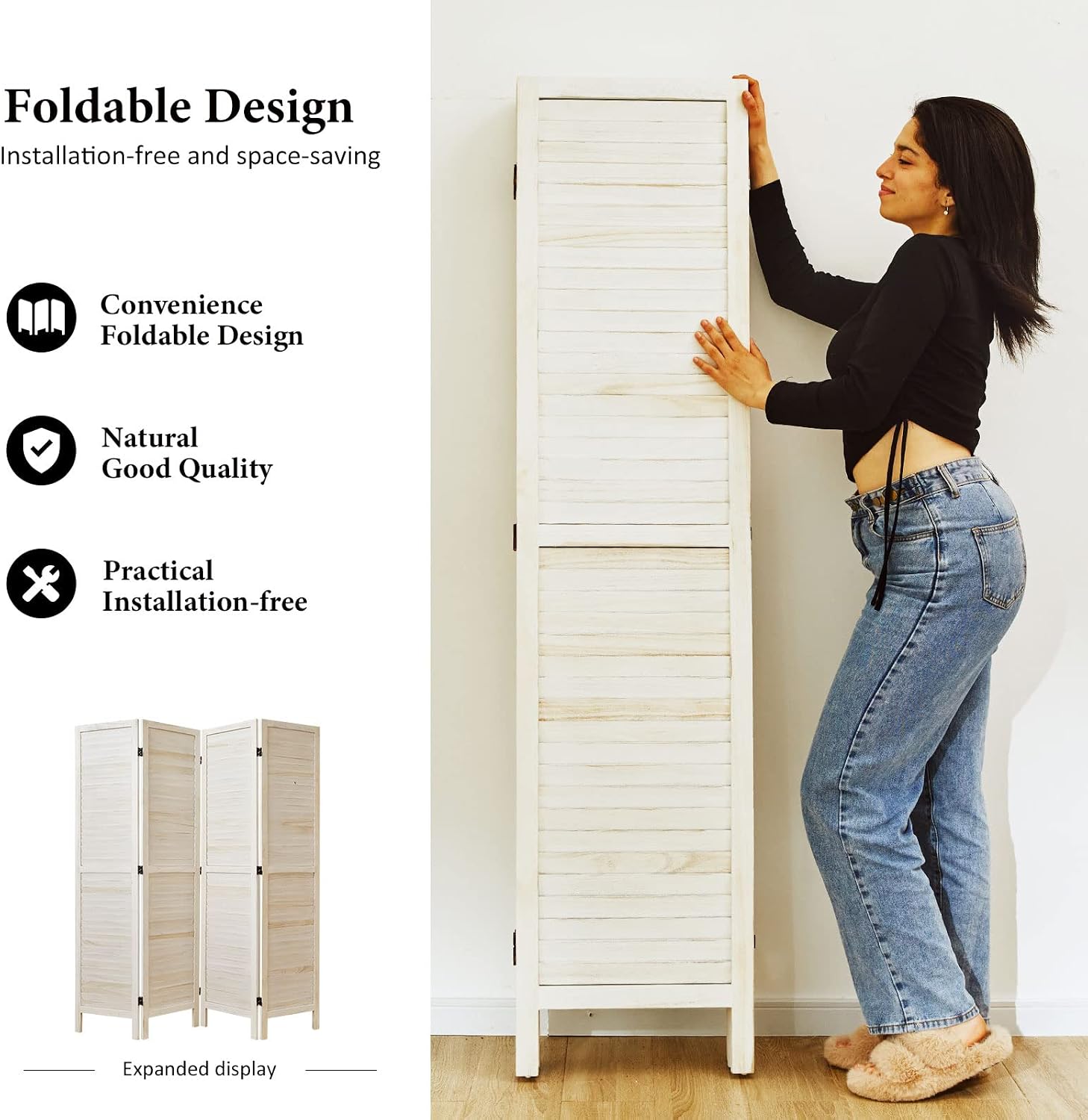 Whitewashed 4 Panel Wood Louvered Room Divider
