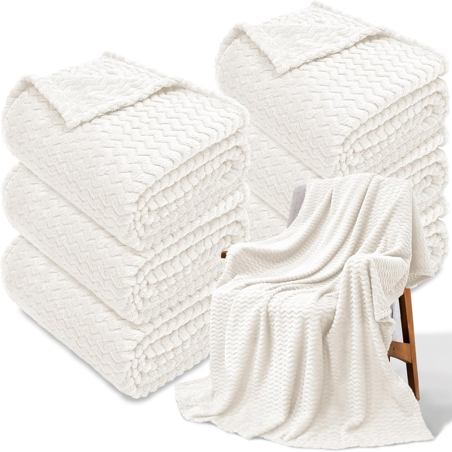 White Ribbed Fleece Throw Blanket 6 Pack Soft Gift