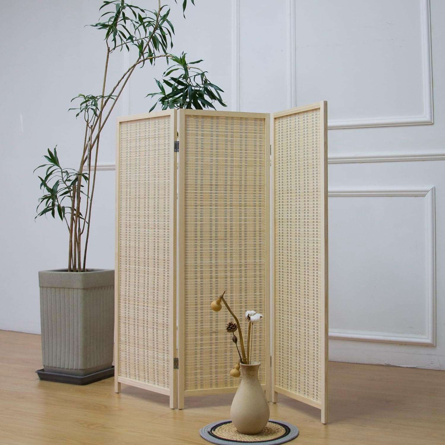 Beige 3 Panel Short Bamboo Room Divider