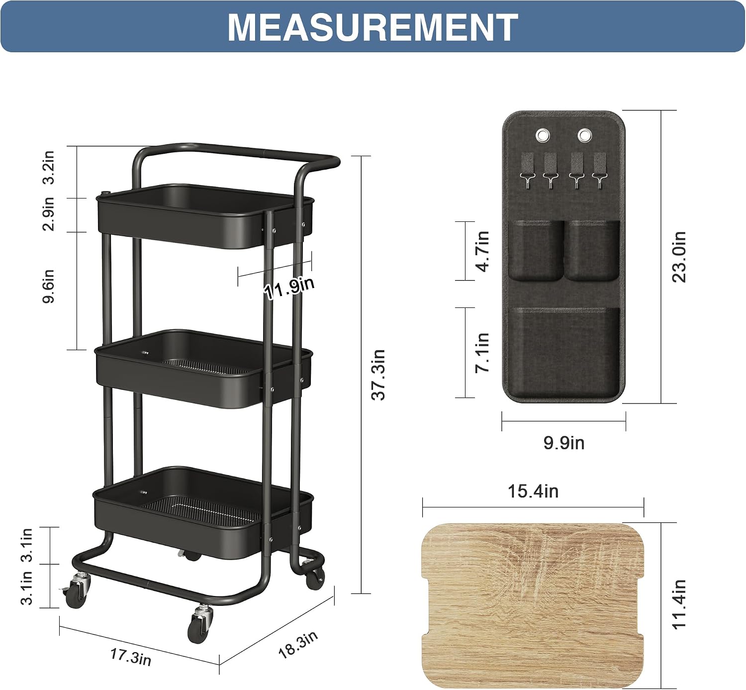 Black 3 Tier Rolling Utility Cart Table Top Storage