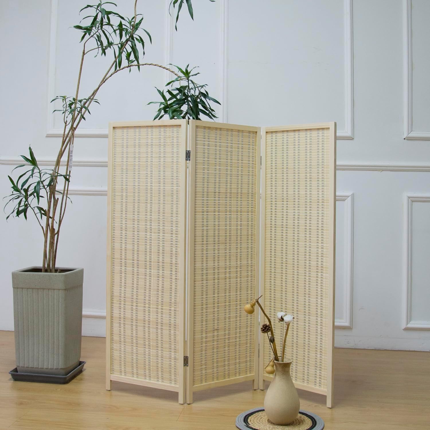 Beige 3 Panel Short Bamboo Room Divider