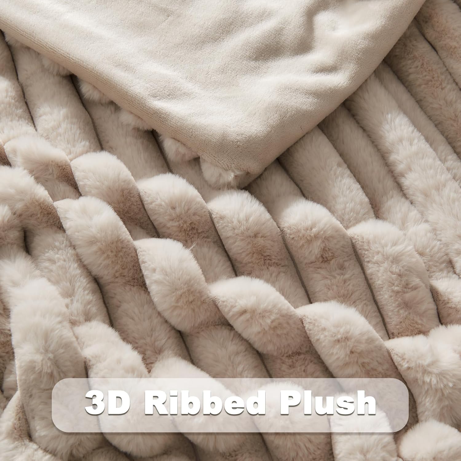 Linen Ribbed Faux Fur Warm Plush Throw Blanket