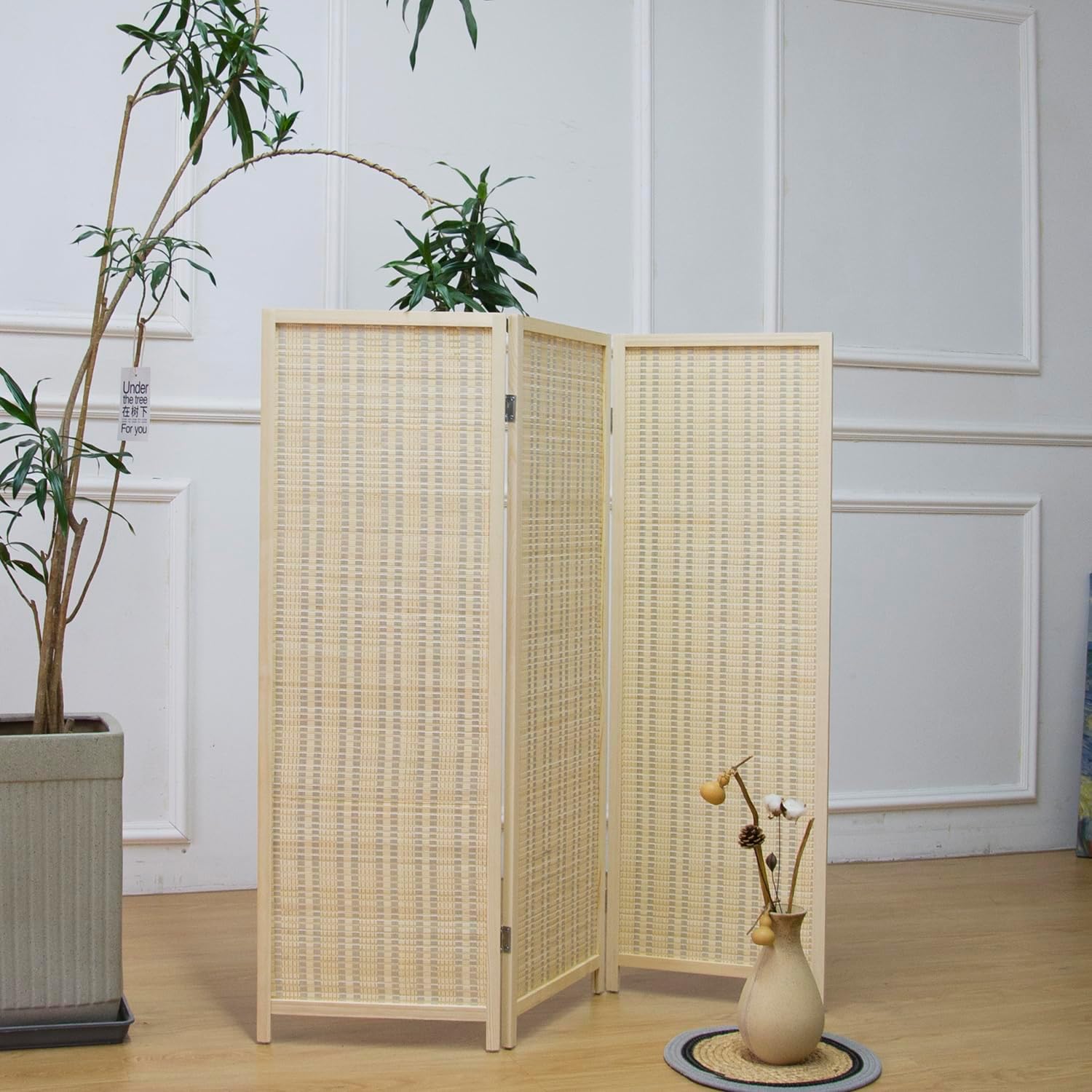 Beige 3 Panel Short Bamboo Room Divider