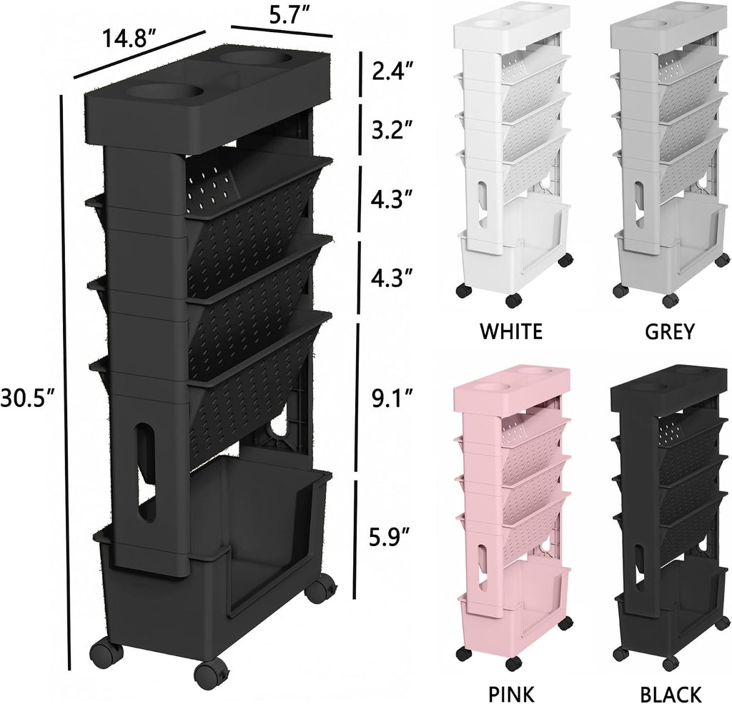 Black 5 Tier Rolling Book Storage Organizer Cart