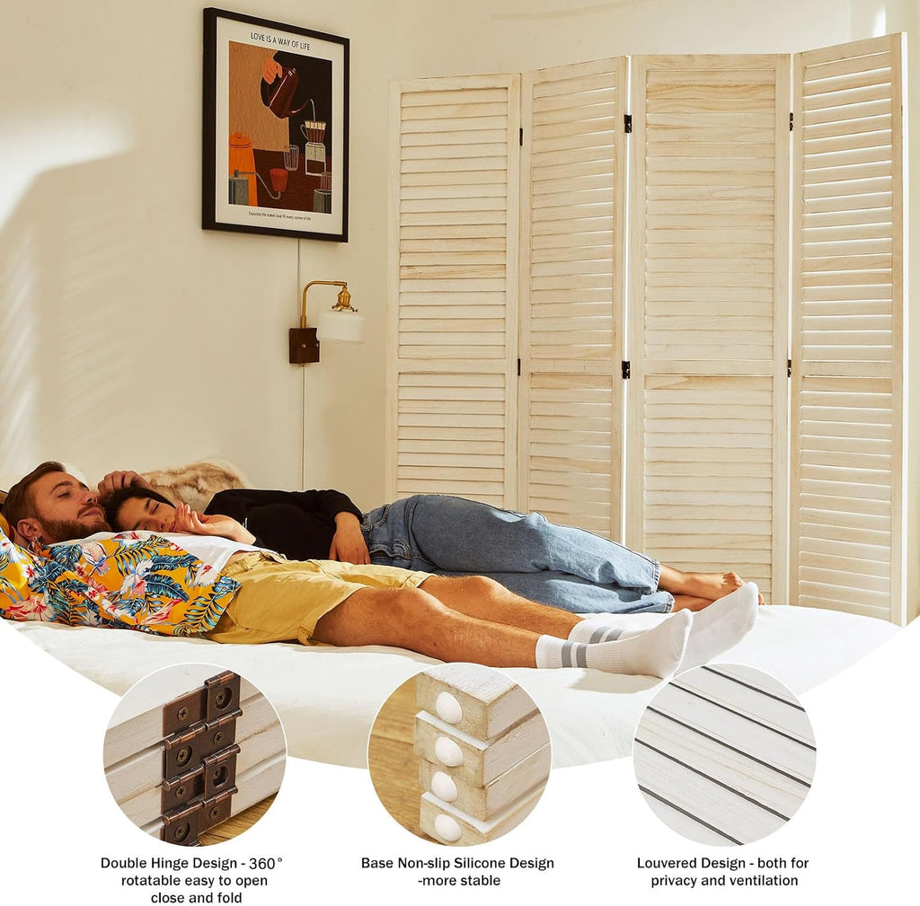 Whitewashed 4 Panel Wood Louvered Room Divider