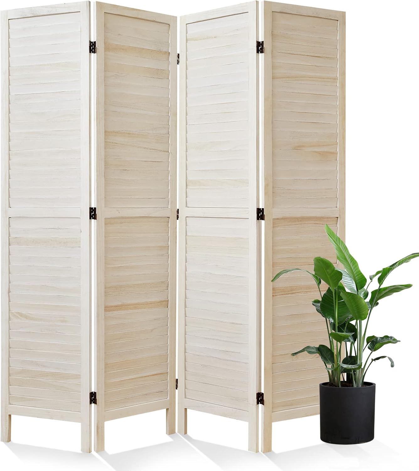 Whitewashed 4 Panel Wood Louvered Room Divider