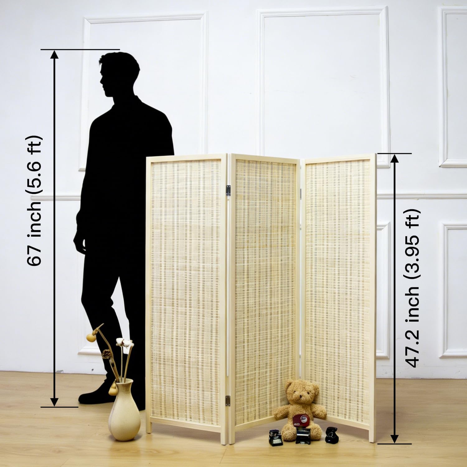 Beige 3 Panel Short Bamboo Room Divider