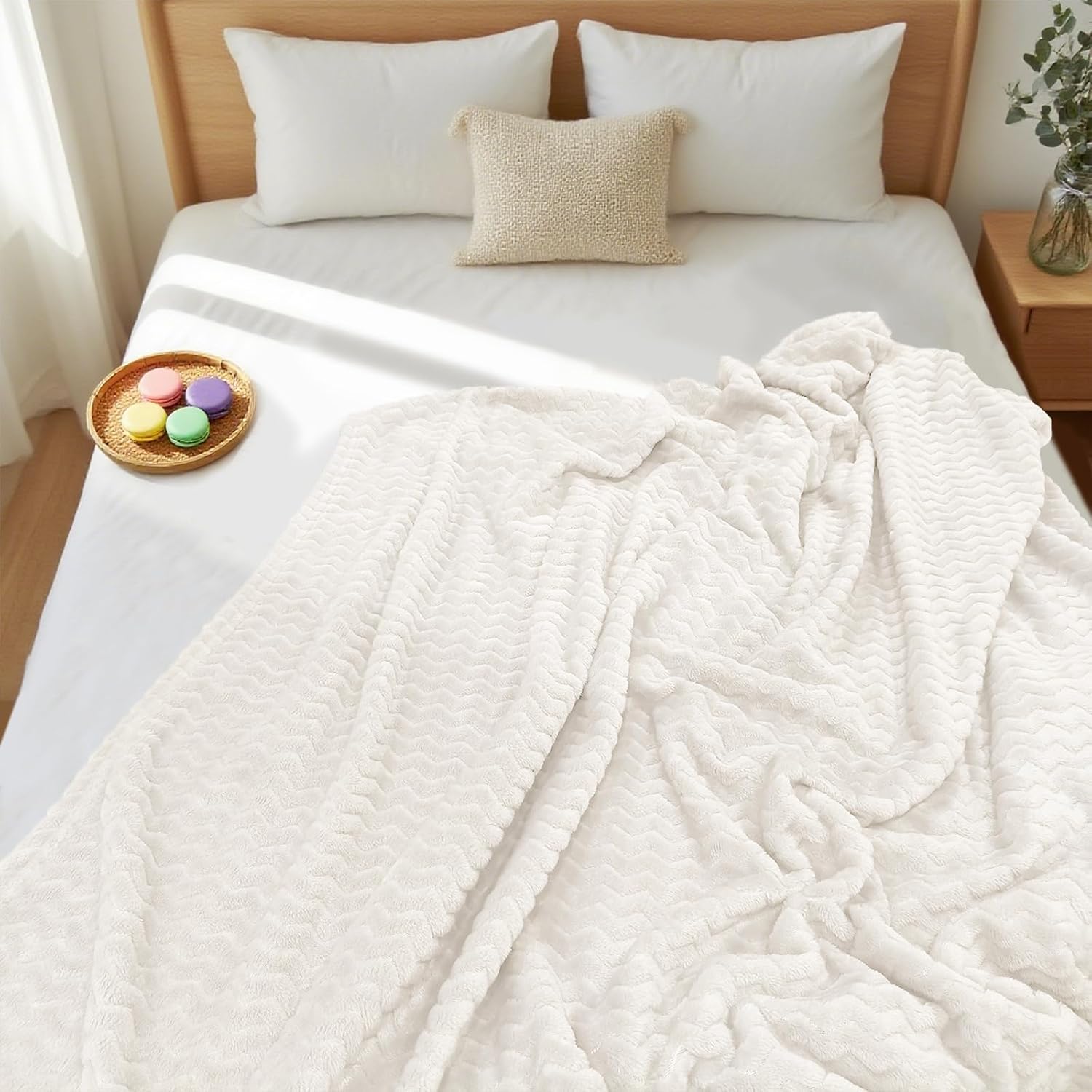 White Ribbed Fleece Throw Blanket 6 Pack Soft Gift