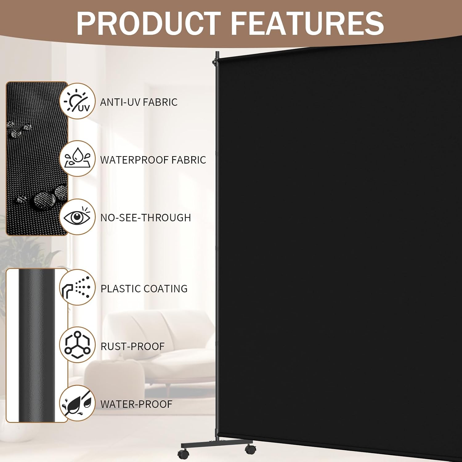 Black Wheeled Single Panel Folding Privacy Divider