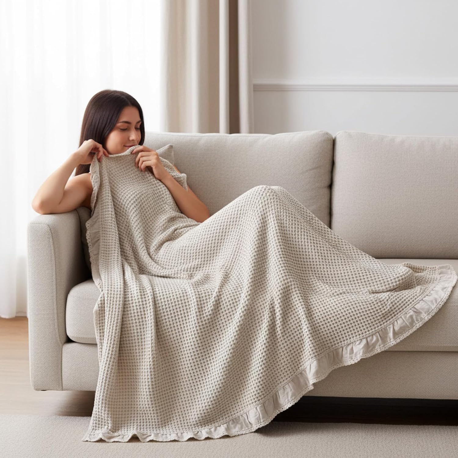 Beige Waffle Cotton Ruffled Farmhouse Throw Blanket