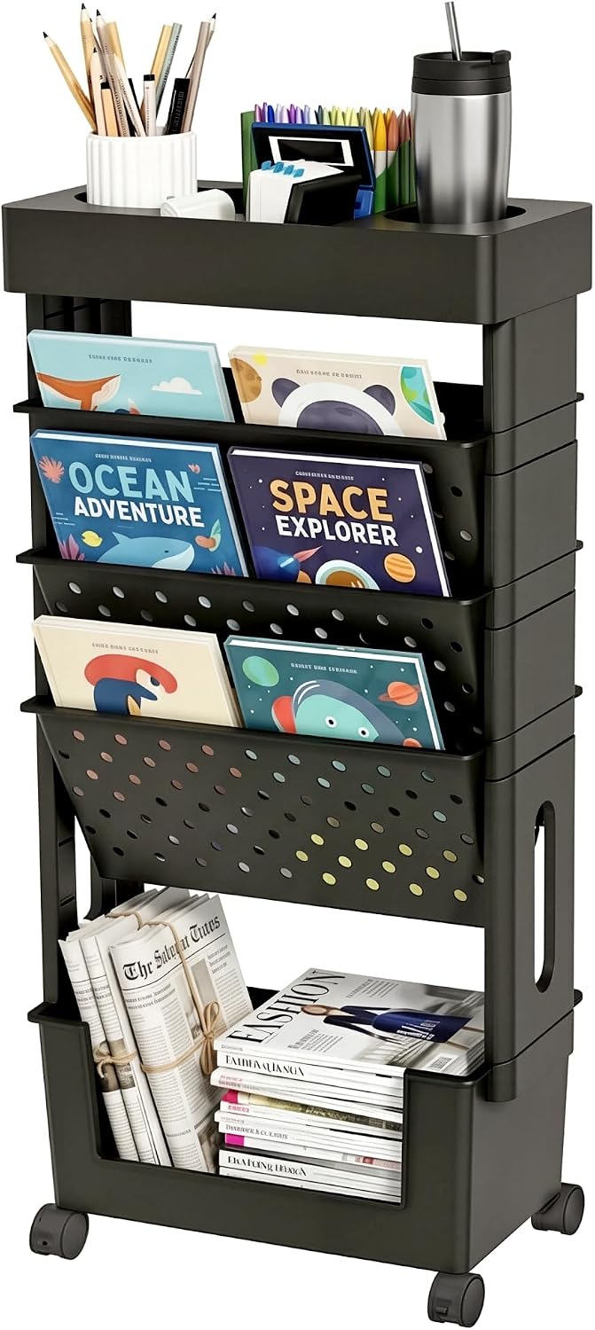 Black 5 Tier Rolling Book Storage Organizer Cart
