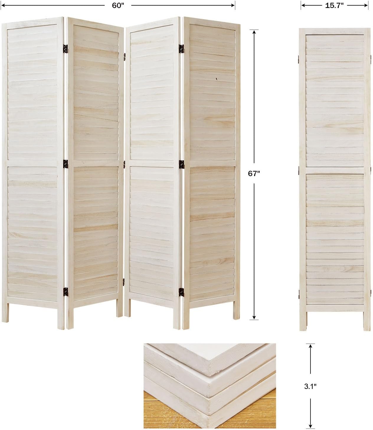 Whitewashed 4 Panel Wood Louvered Room Divider