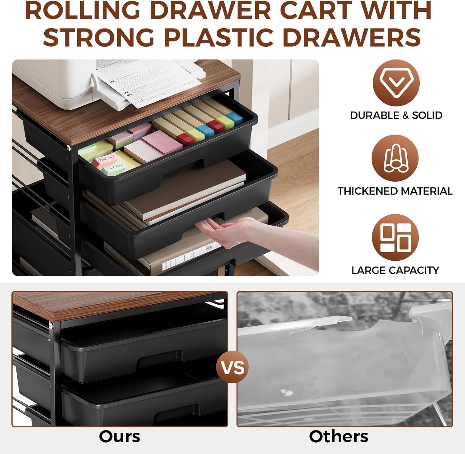 Black Rolling Craft Cart Wooden Top Drawer Storage