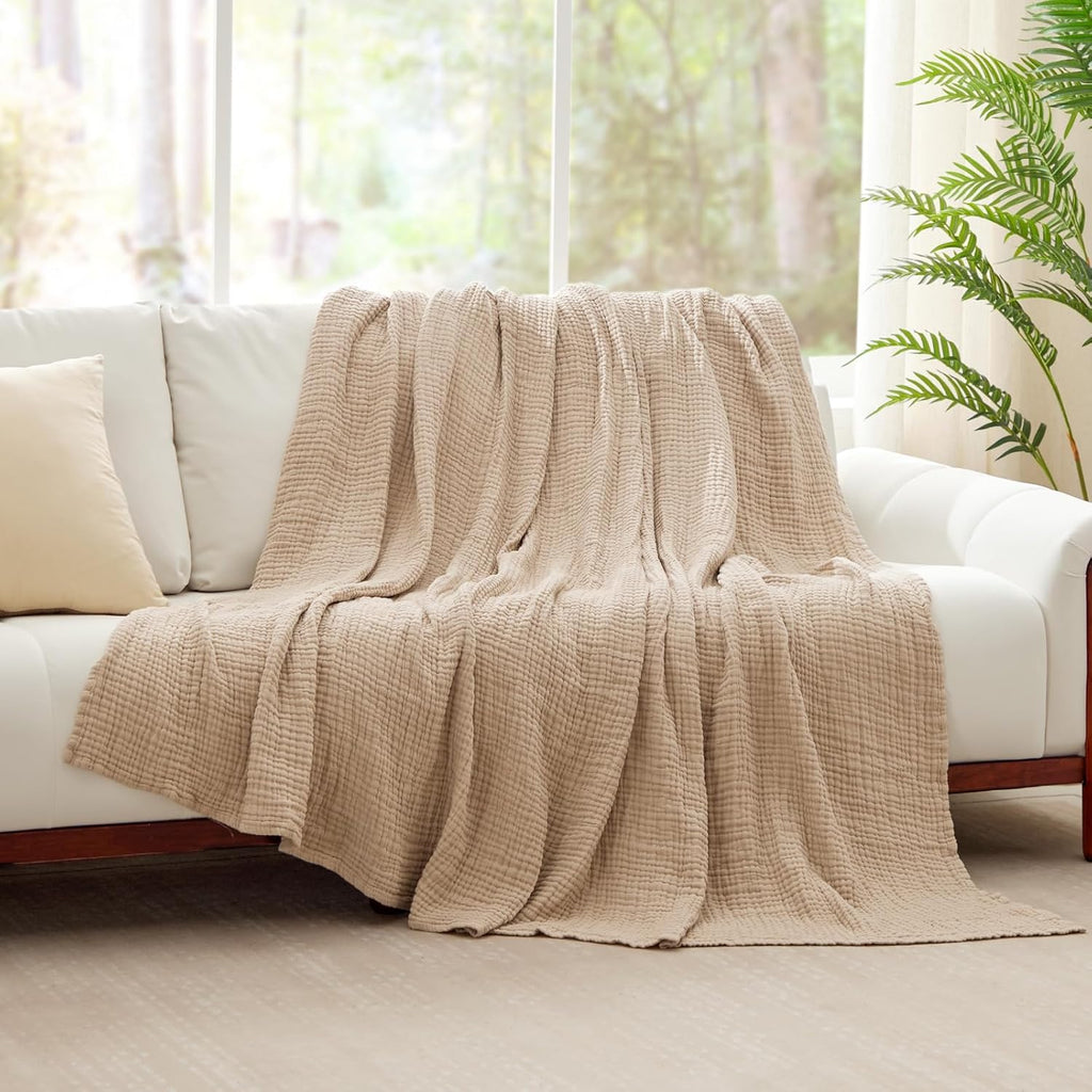 Beige 6 Layer Muslin Cotton Cooling Throw Blanket