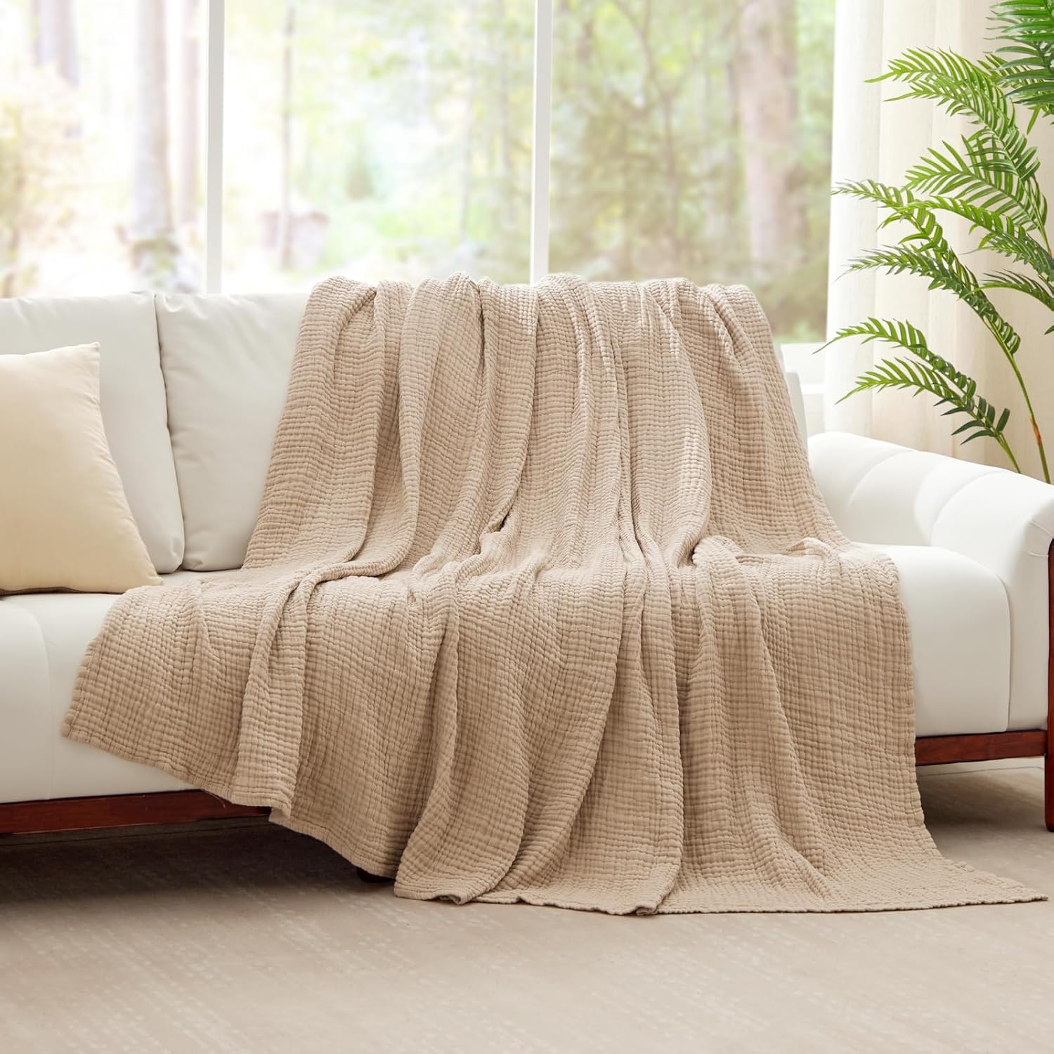 Beige 6 Layer Muslin Cotton Cooling Throw Blanket