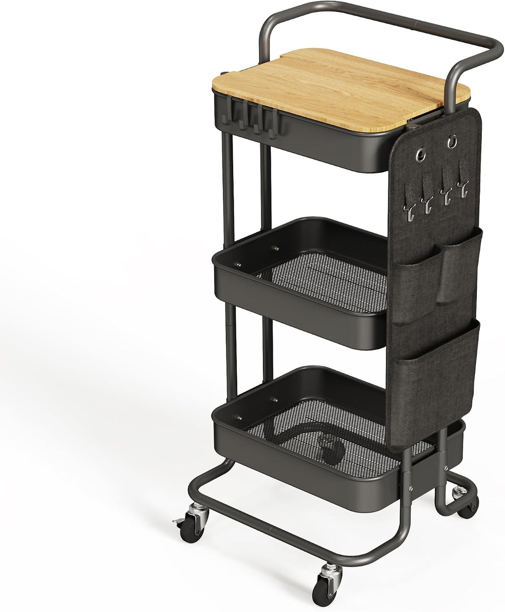 Black 3 Tier Rolling Utility Cart Table Top Storage