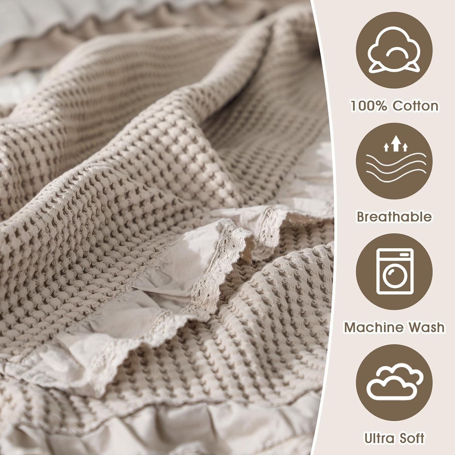 Beige Waffle Cotton Ruffled Farmhouse Throw Blanket