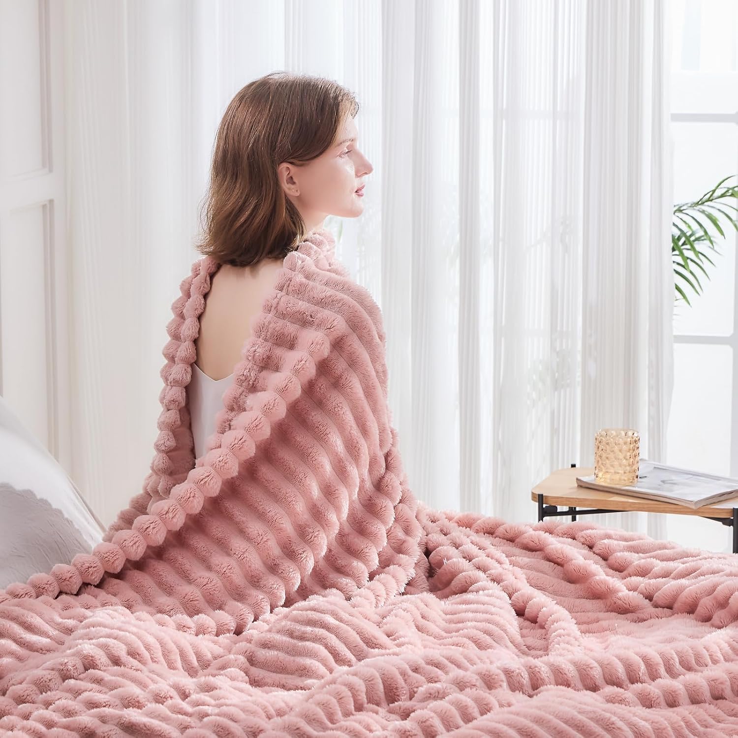 Pink Ribbed Flannel Queen Size All Season Blanket