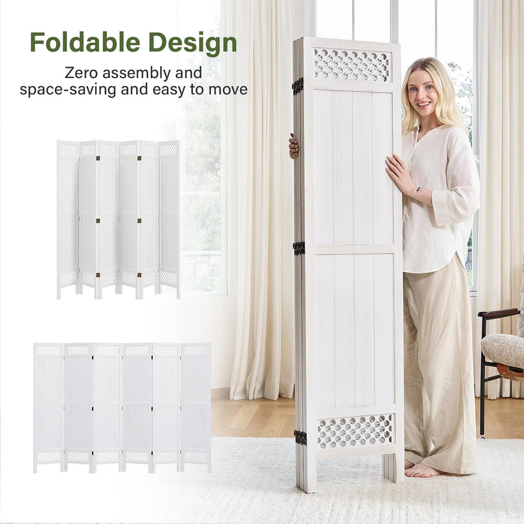 White 6 Panel Wood Folding Privacy Room Divider