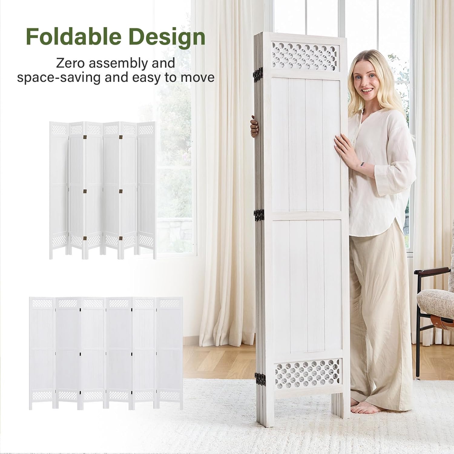 White 6 Panel Wood Folding Privacy Room Divider