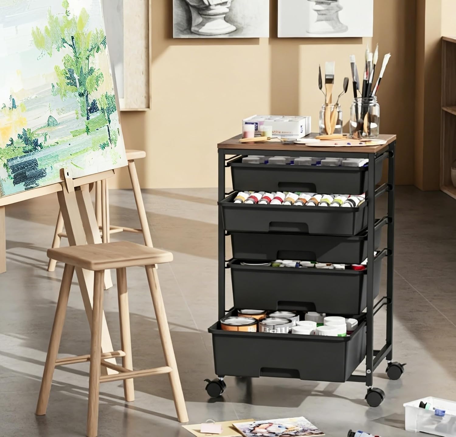 Black Rolling Craft Cart Wooden Top Drawer Storage