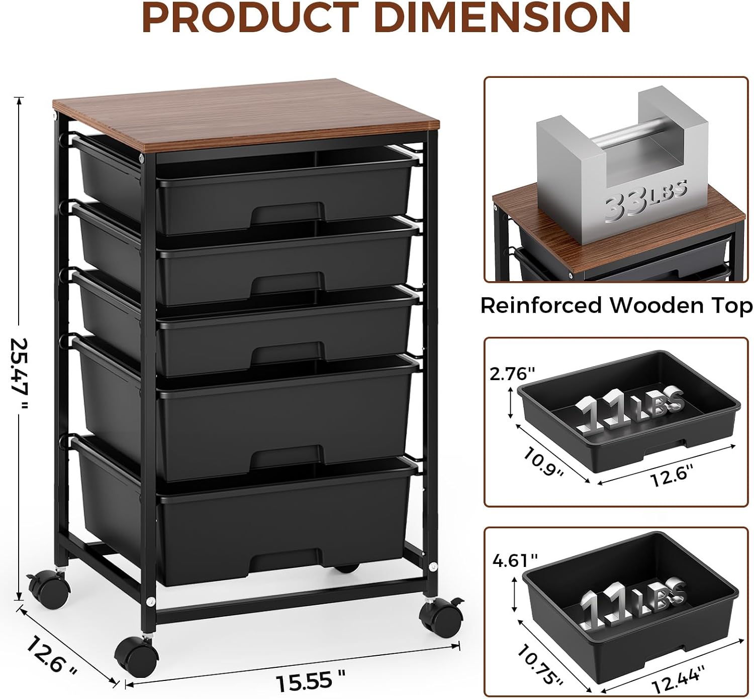 Black Rolling Craft Cart Wooden Top Drawer Storage