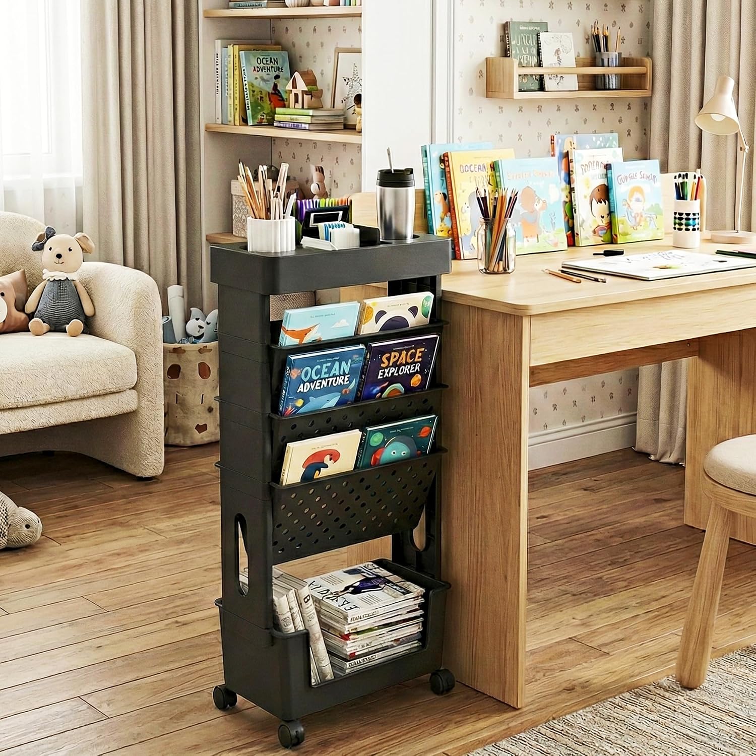 Black 5 Tier Rolling Book Storage Organizer Cart