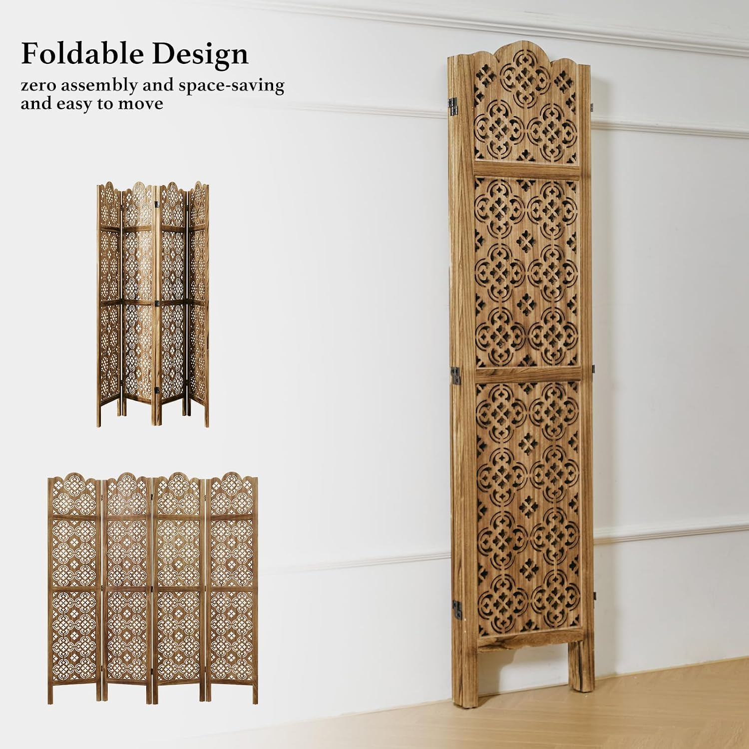 Dark Brown 4 Panel Carved Wood Room Divider
