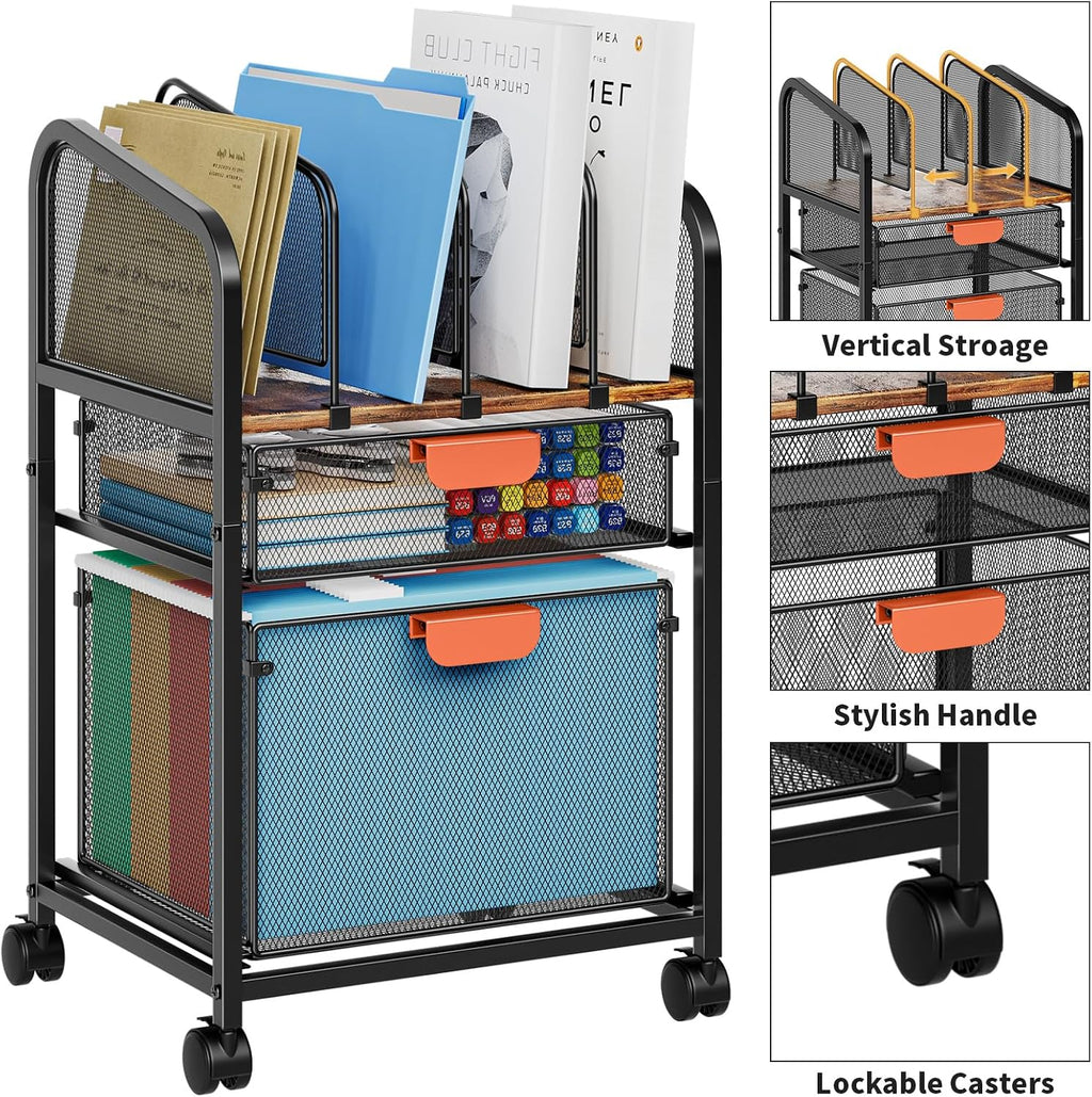 Dark Brown Lockable File Cart Adjustable Storage Organizer