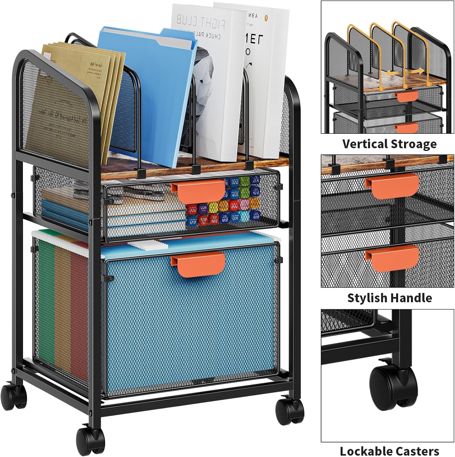 Dark Brown Lockable File Cart Adjustable Storage Organizer