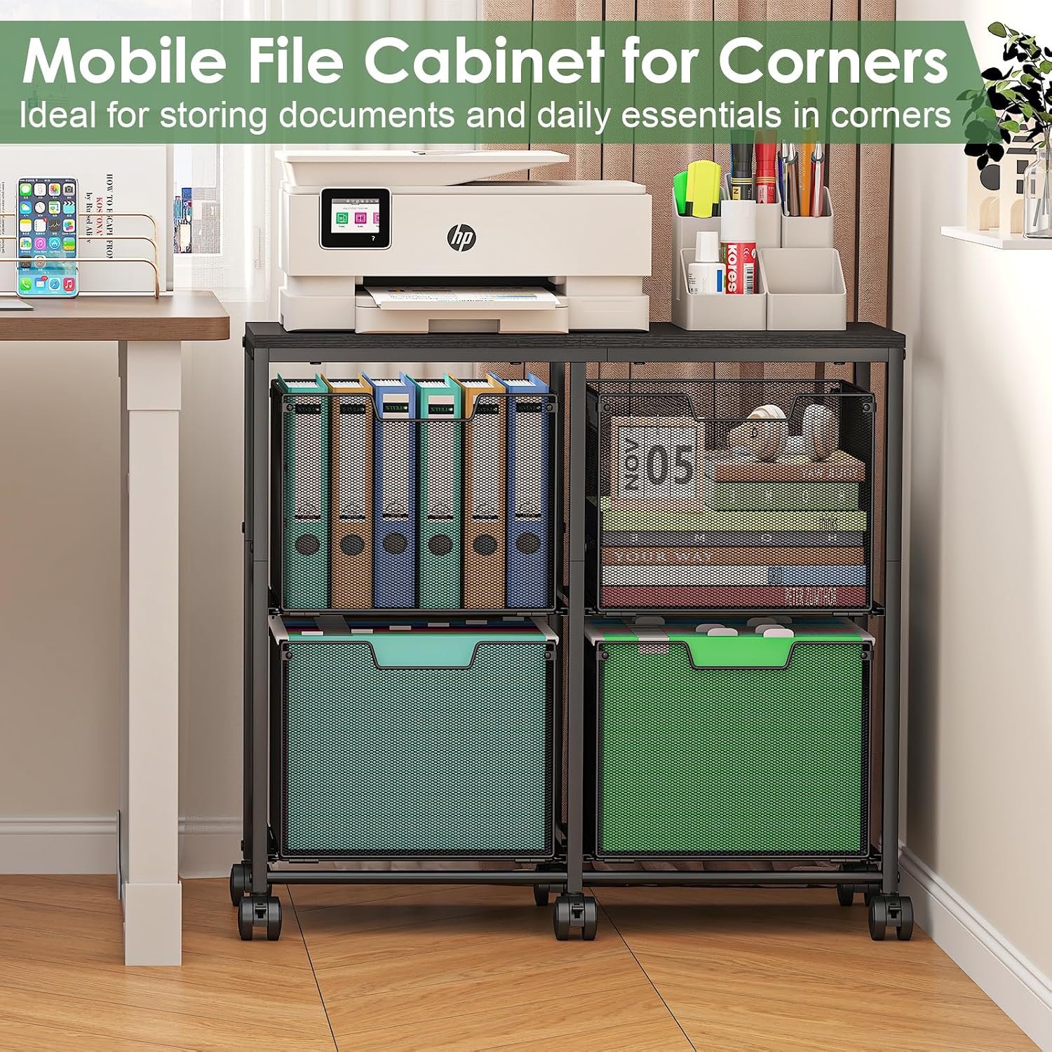 Black Mobile File Cabinet 4 Drawer Under Desk Storage