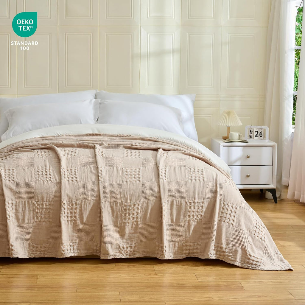 Khaki Check Waffle Cotton Farmhouse Throw Blanket