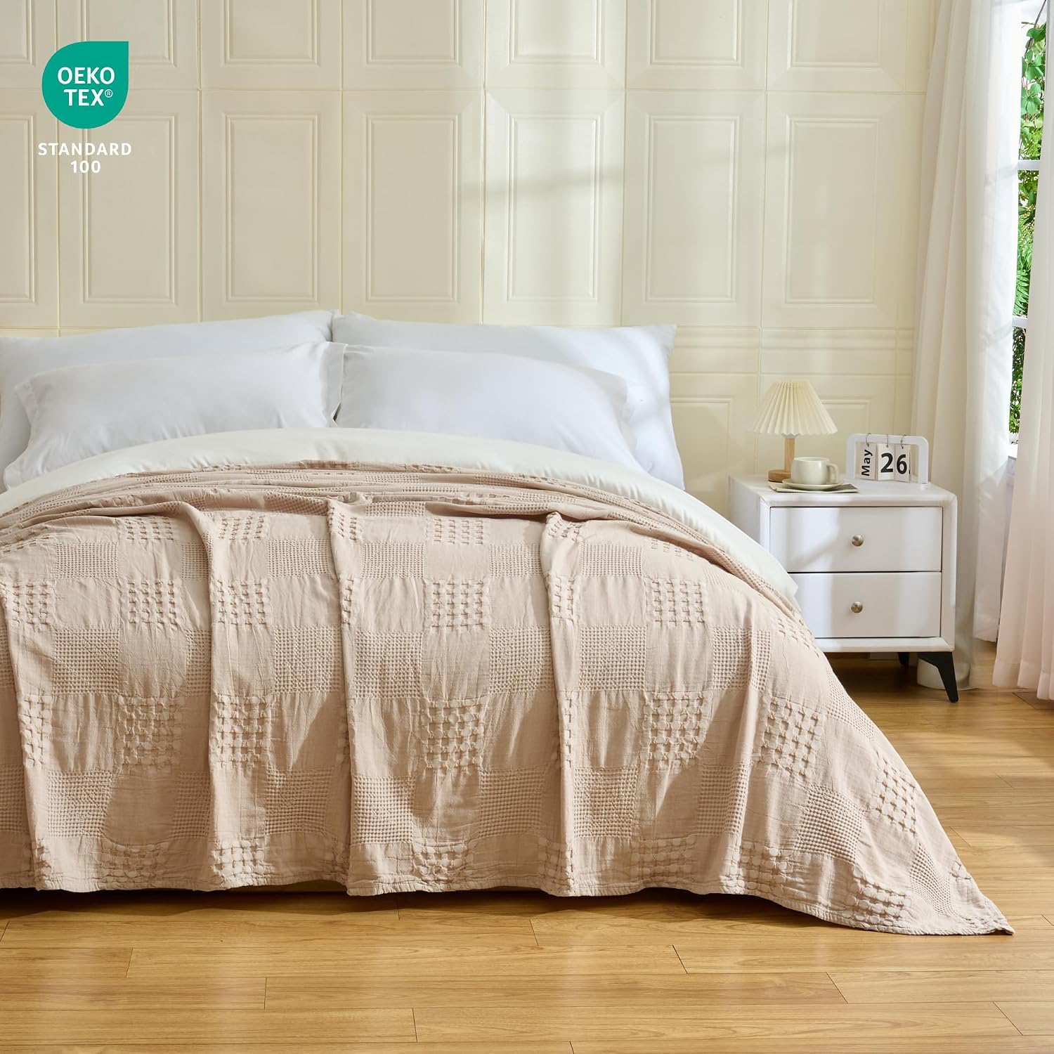 Khaki Check Waffle Cotton Farmhouse Throw Blanket
