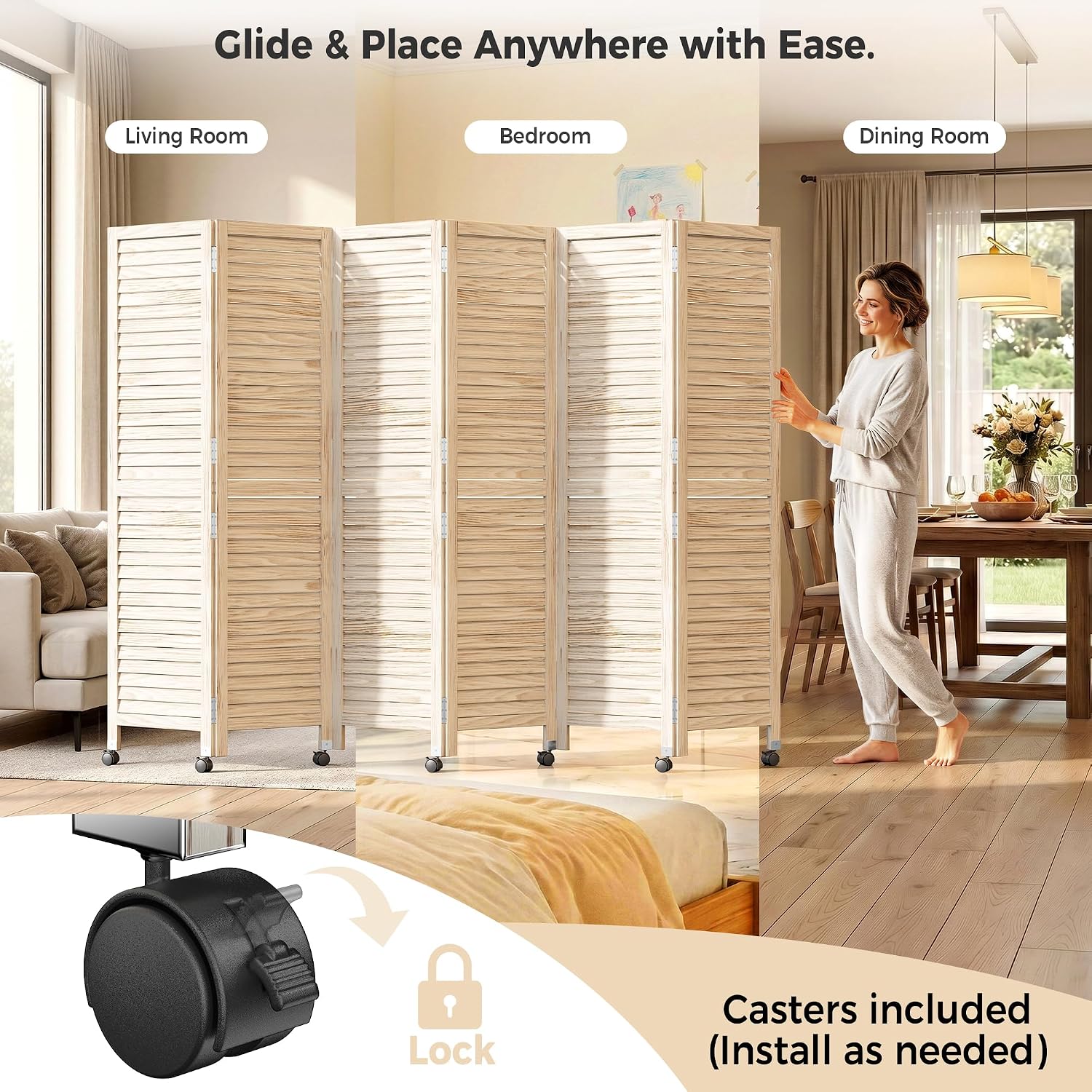 White 6 Panel Wood Wheeled Privacy Room Divider
