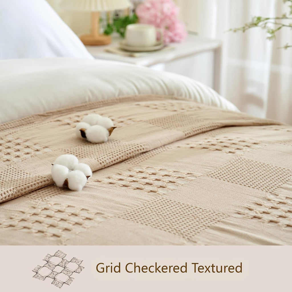 Khaki Check Waffle Cotton Farmhouse Throw Blanket
