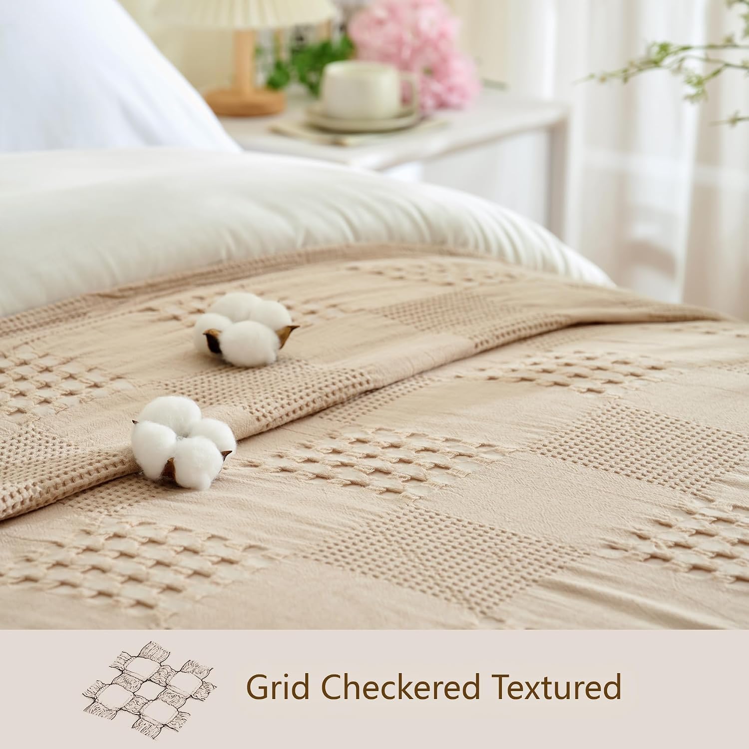 Khaki Check Waffle Cotton Farmhouse Throw Blanket