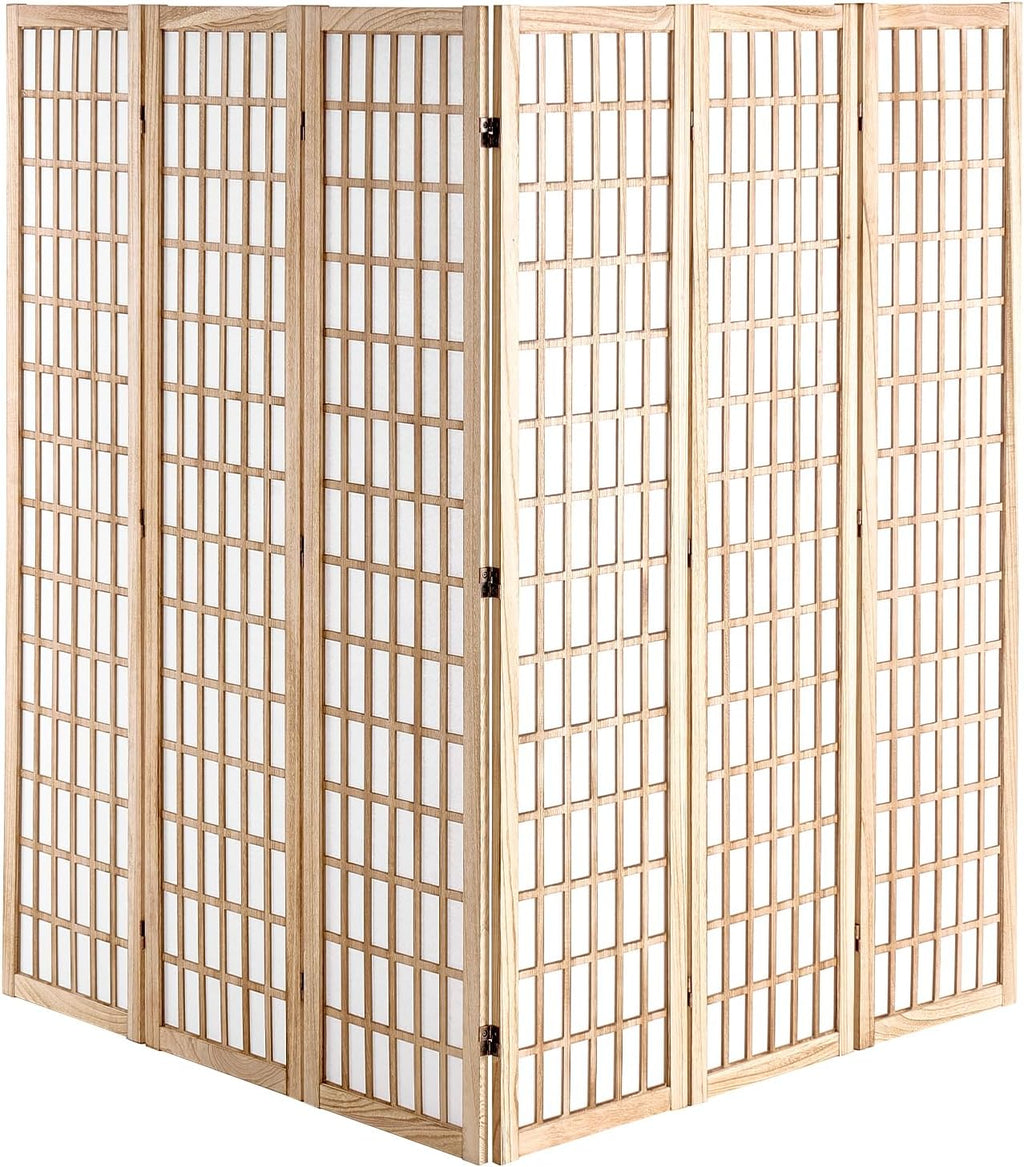 Natural 6 Panel Japanese Wood Folding Room Divider