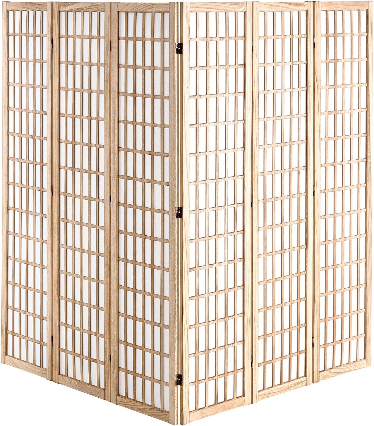 Natural 6 Panel Japanese Wood Folding Room Divider